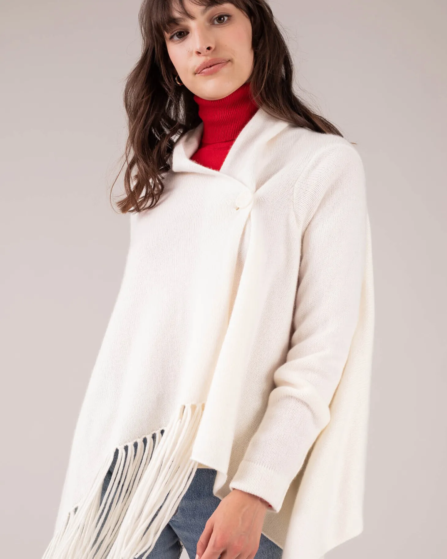 Cardigan Cachemire Col Chale A Franges