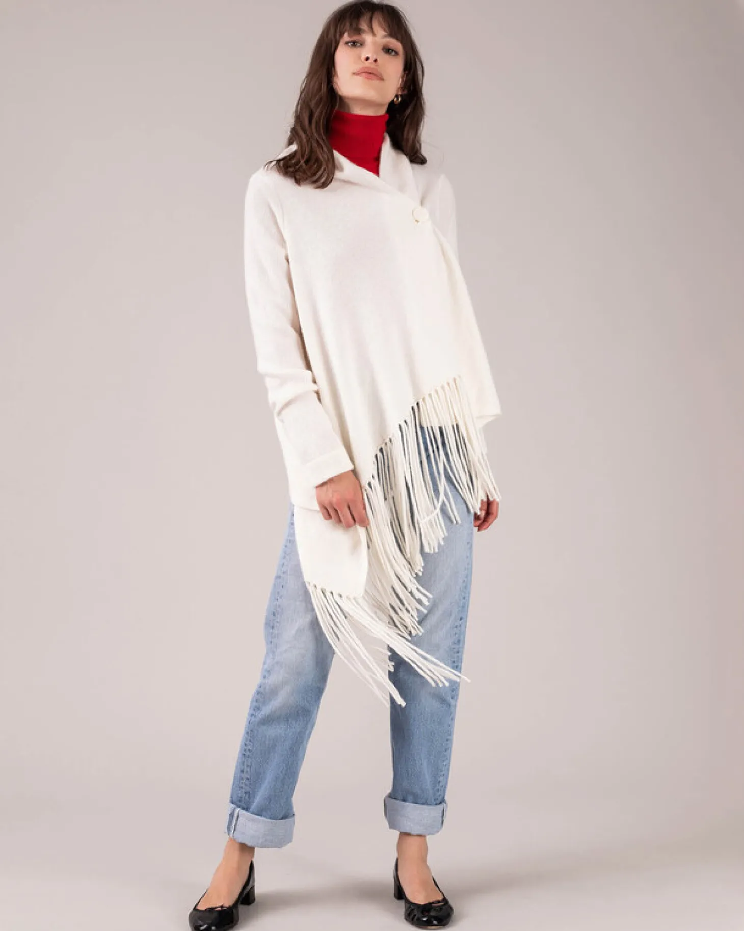 Cardigan Cachemire Col Chale A Franges