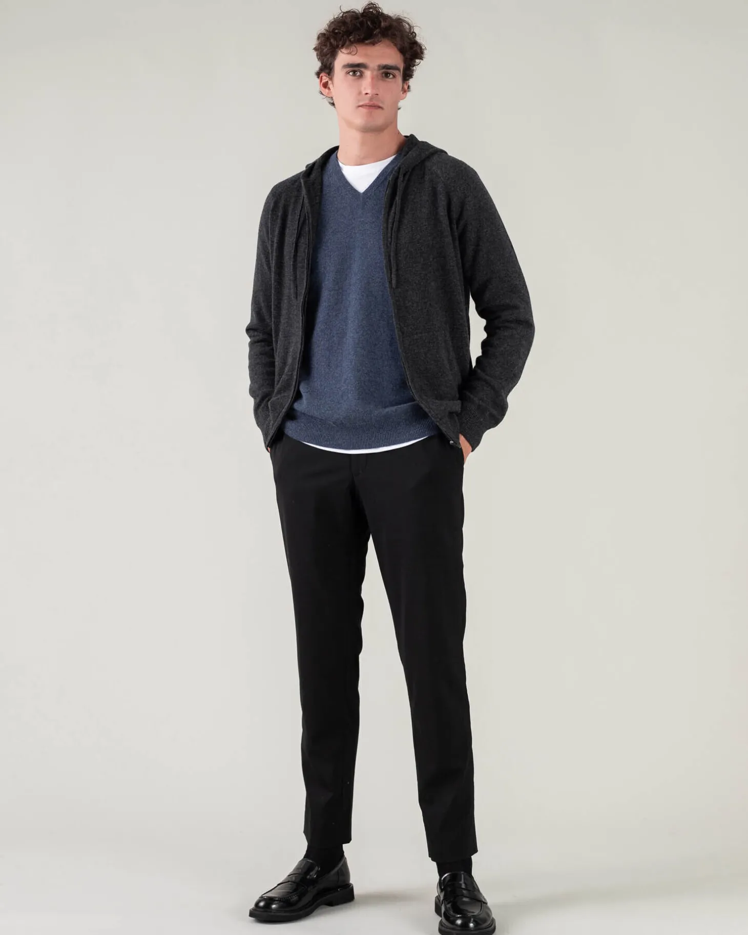 Gilet Cachemire A Capuche Zippe Homme