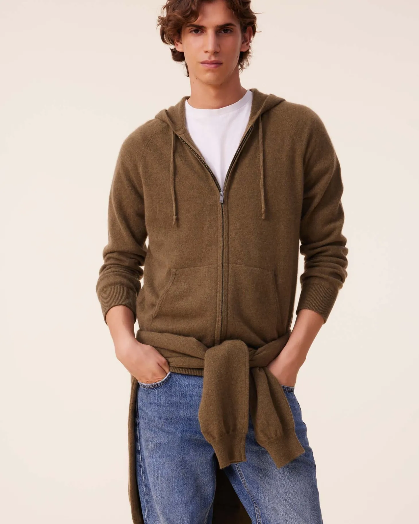 Gilet Cachemire A Capuche Zippe Homme, 2 Fils