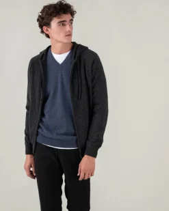 Gilet Cachemire A Capuche Zippe Homme