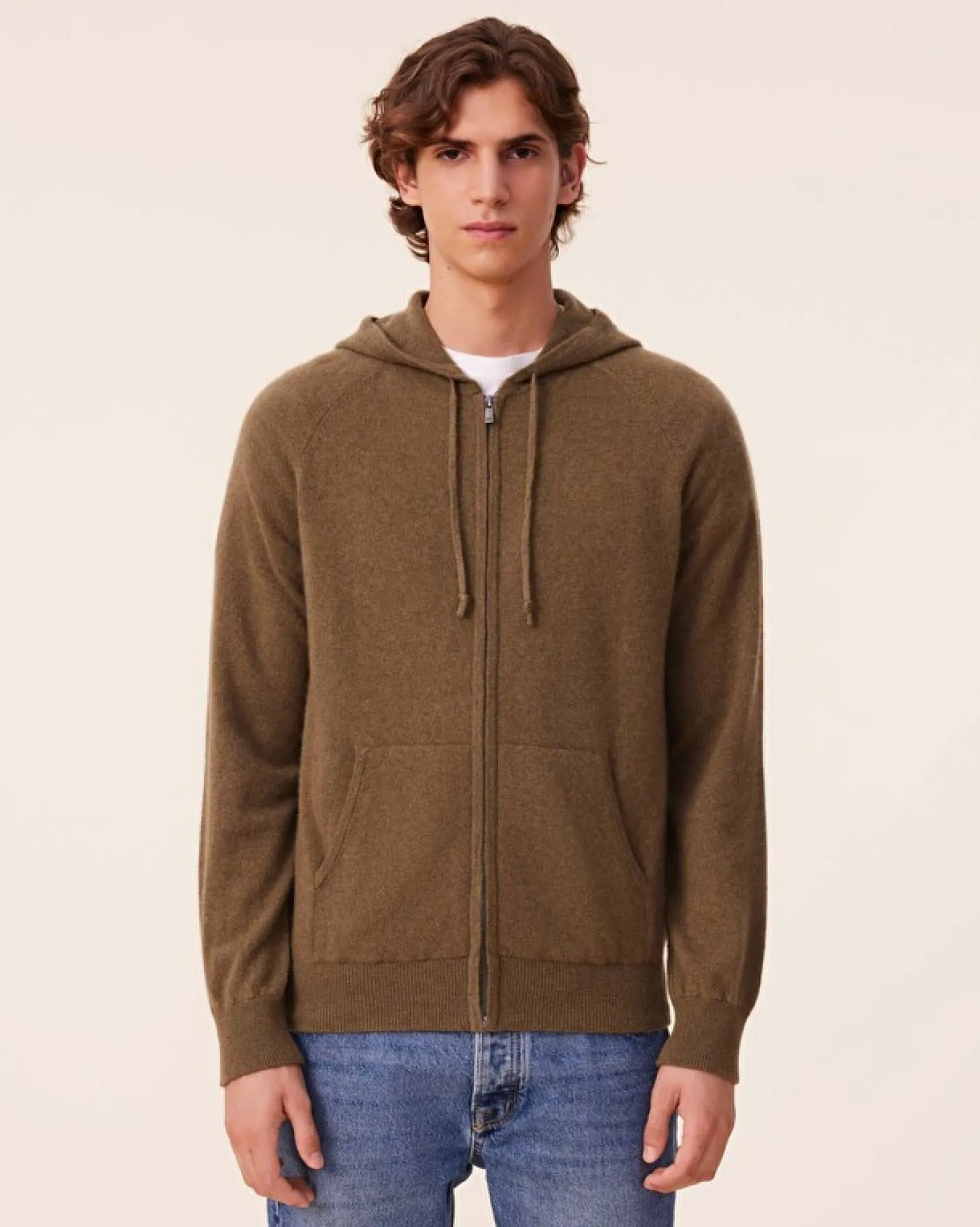 Gilet Cachemire A Capuche Zippe Homme, 2 Fils