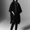 Poncho A Capuche Cachemire, Jacquard Uni A 4 Fils