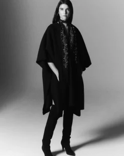Poncho A Capuche Cachemire, Jacquard Uni A 4 Fils