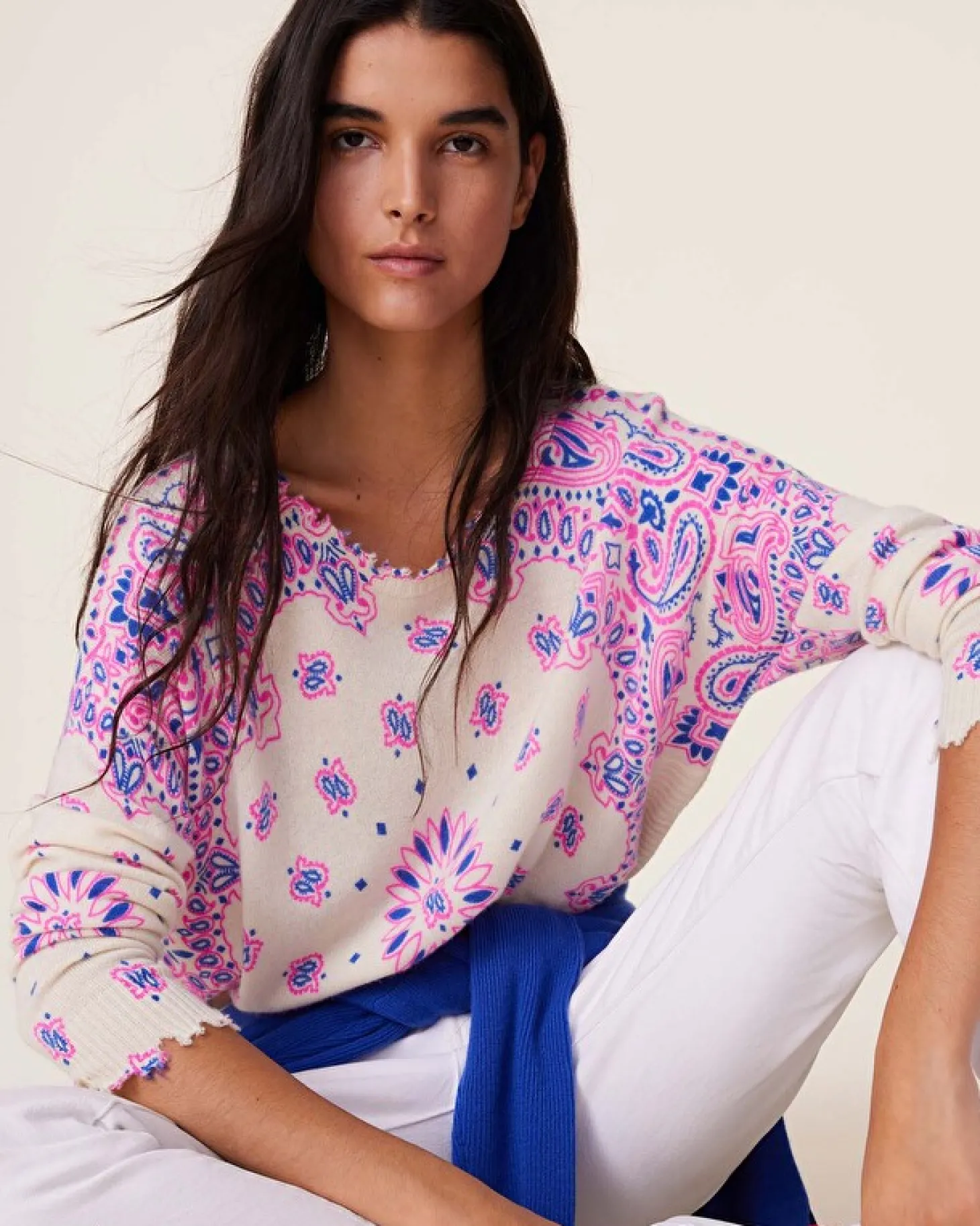 Pull Cachemire Col Rond Imprime, 2 Fils