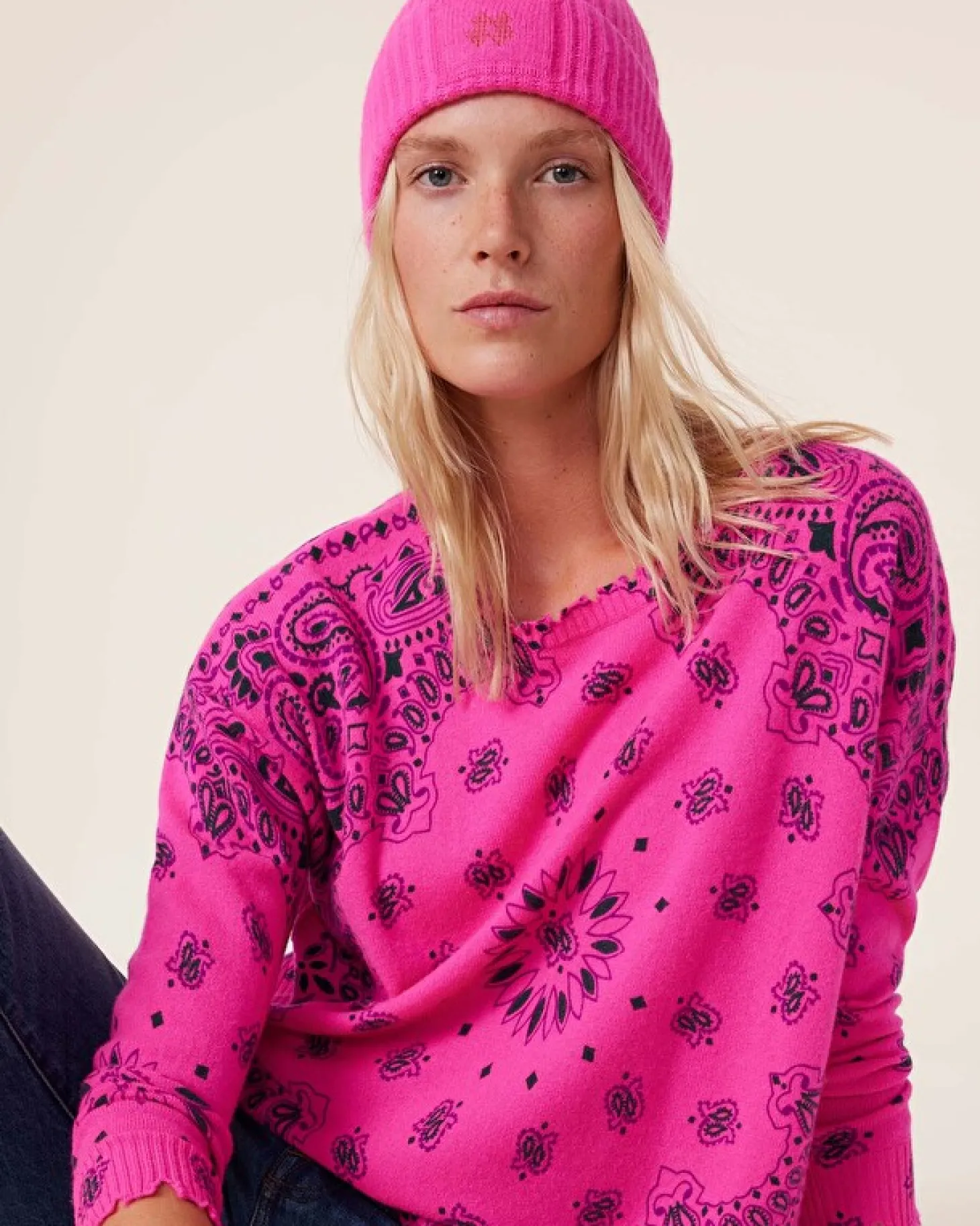 Pull Cachemire Col Rond Imprime, 2 Fils