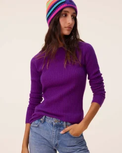 Pull Cachemire Col Rond Manches Cotelees, 2 Fils