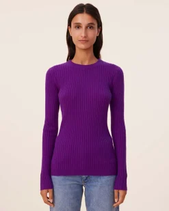 Pull Cachemire Col Rond Manches Cotelees, 2 Fils