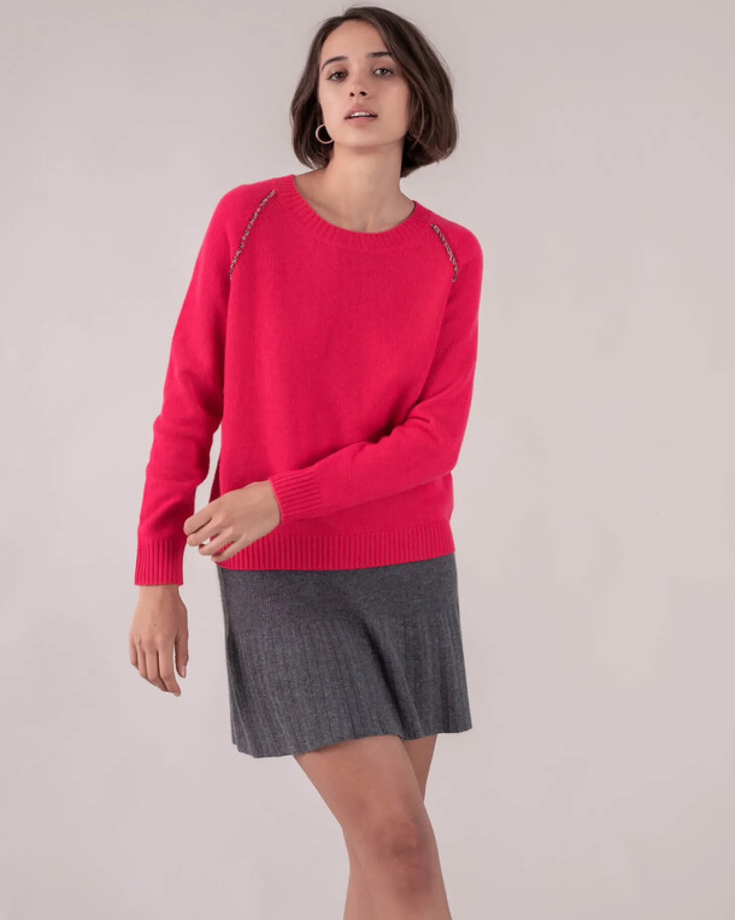Pull Cachemire Col Rond Pasepoil Raglan