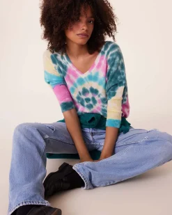 Pull Cachemire Col V Oversize Tie & Dye, 2 Fils