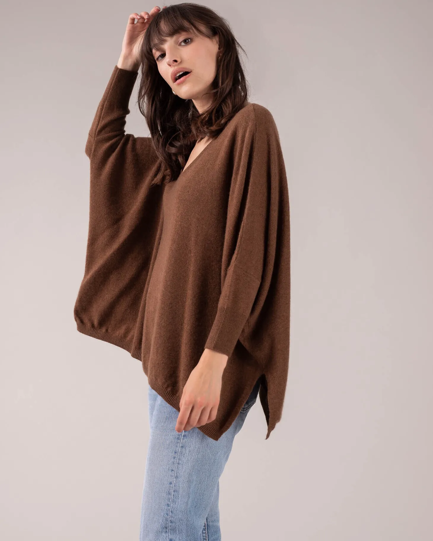 Pull Cachemire Col V Oversize Manche 3/4