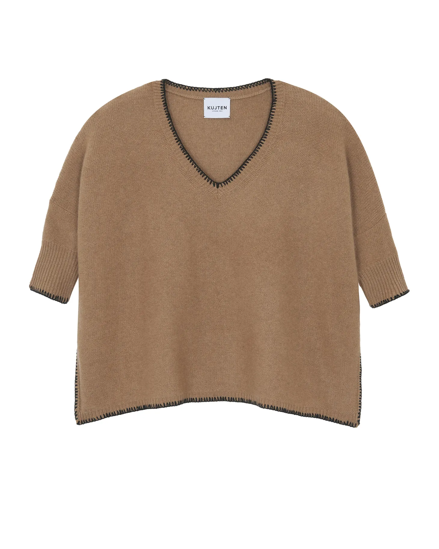 Pull Cachemire Col V Oversize Manche 3/4, 6 Fils