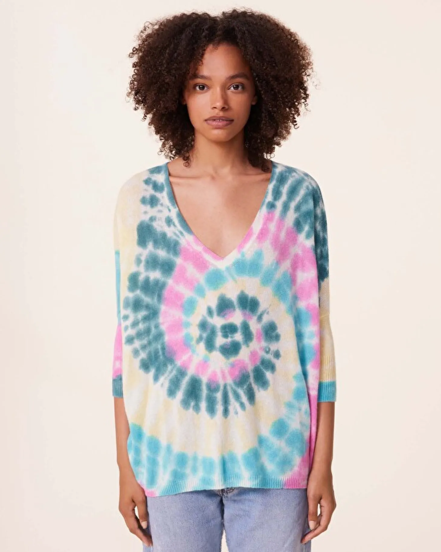 Pull Cachemire Col V Oversize Tie & Dye, 2 Fils