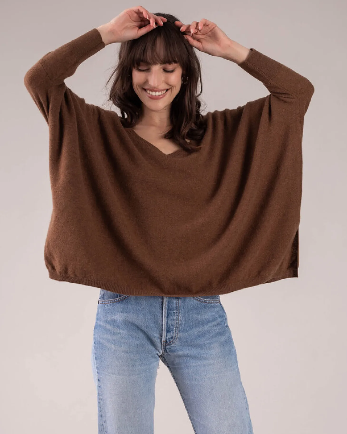 Pull Cachemire Col V Oversize Manche 3/4