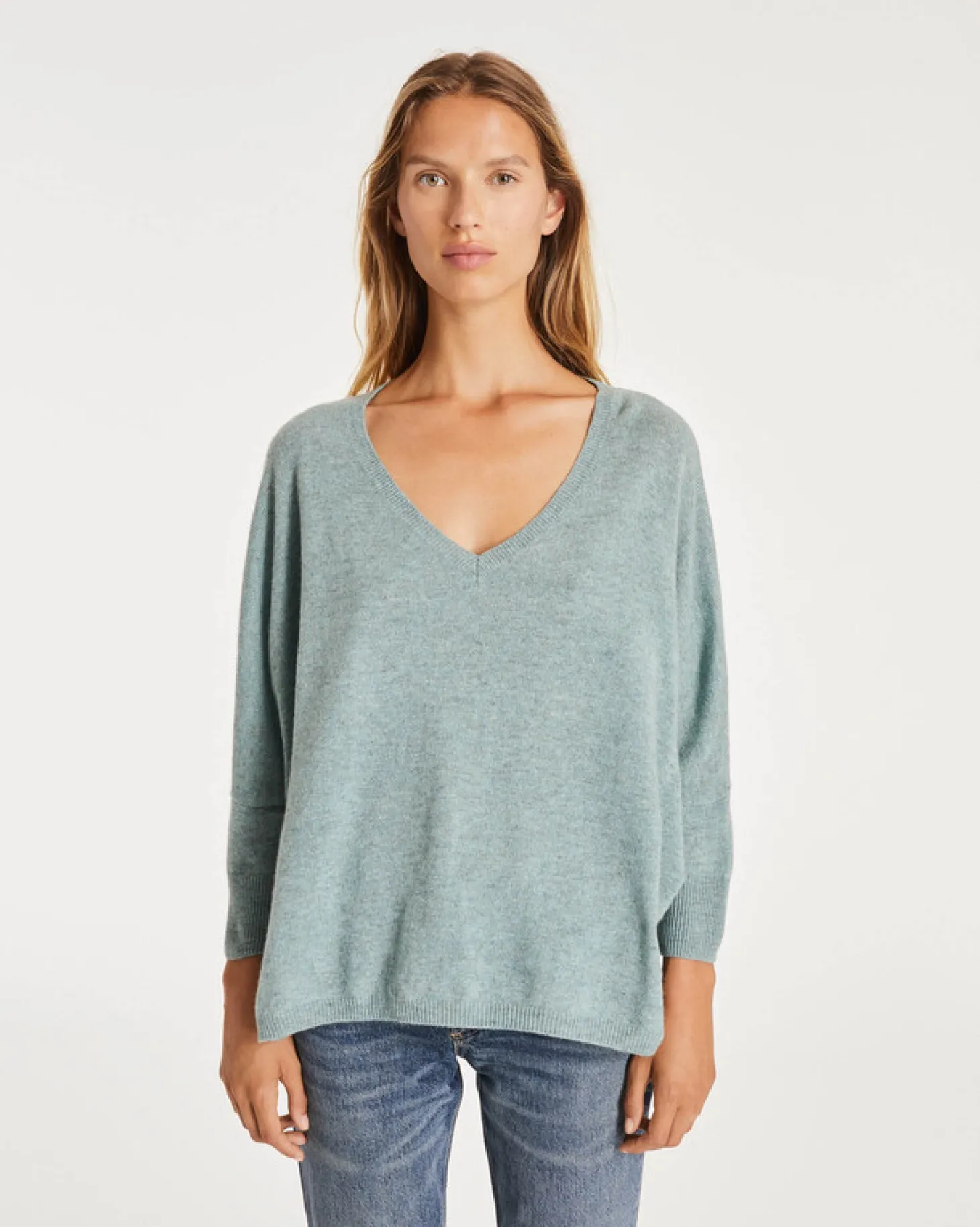Pull Cachemire Col V Oversize Manche 3/4