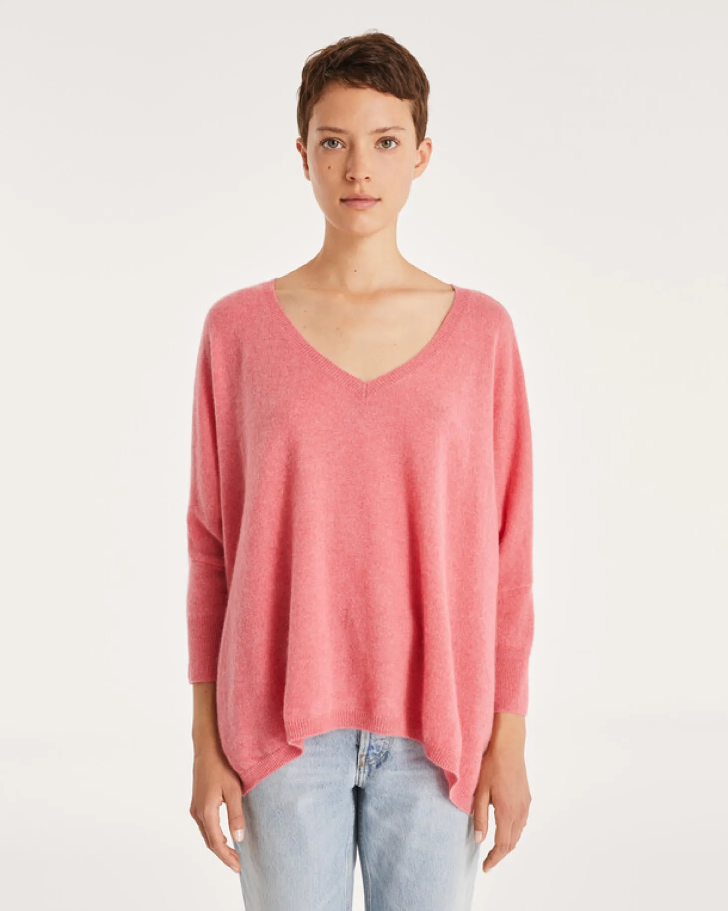 Pull Cachemire Col V Oversize Manche 3/4