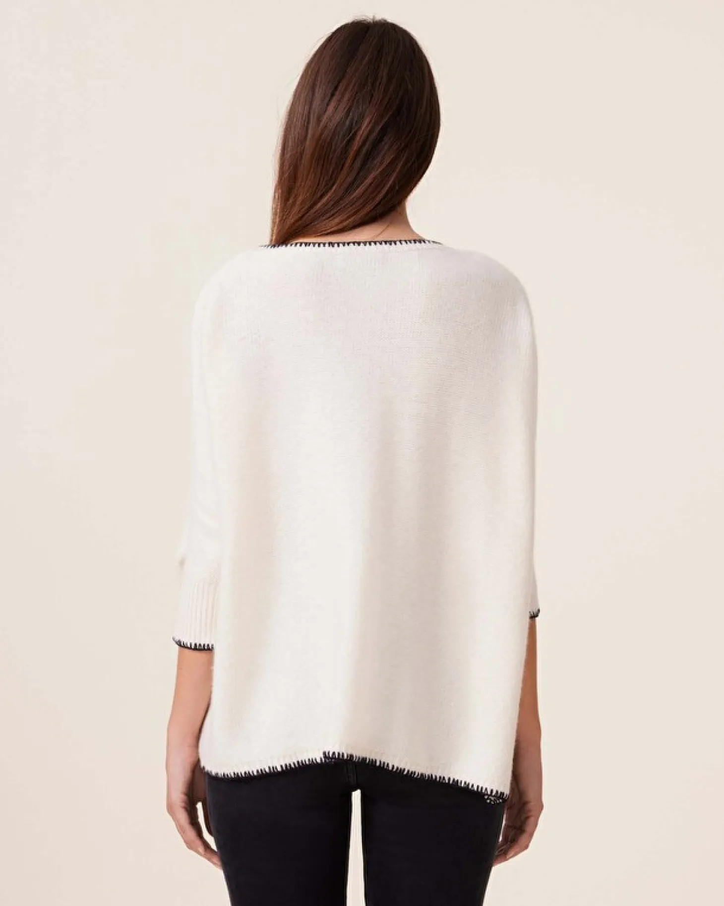 Pull Cachemire Col V Oversize Manche 3/4, 6 Fils