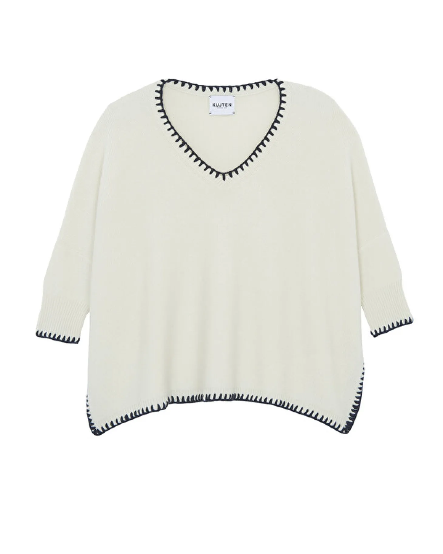 Pull Cachemire Col V Oversize Manche 3/4, 6 Fils