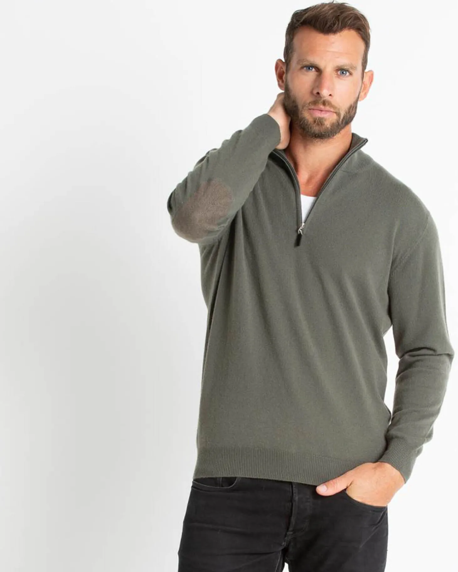 Pull Cachemire Homme Col Roule Uni Avec Patchs Aux Coudes