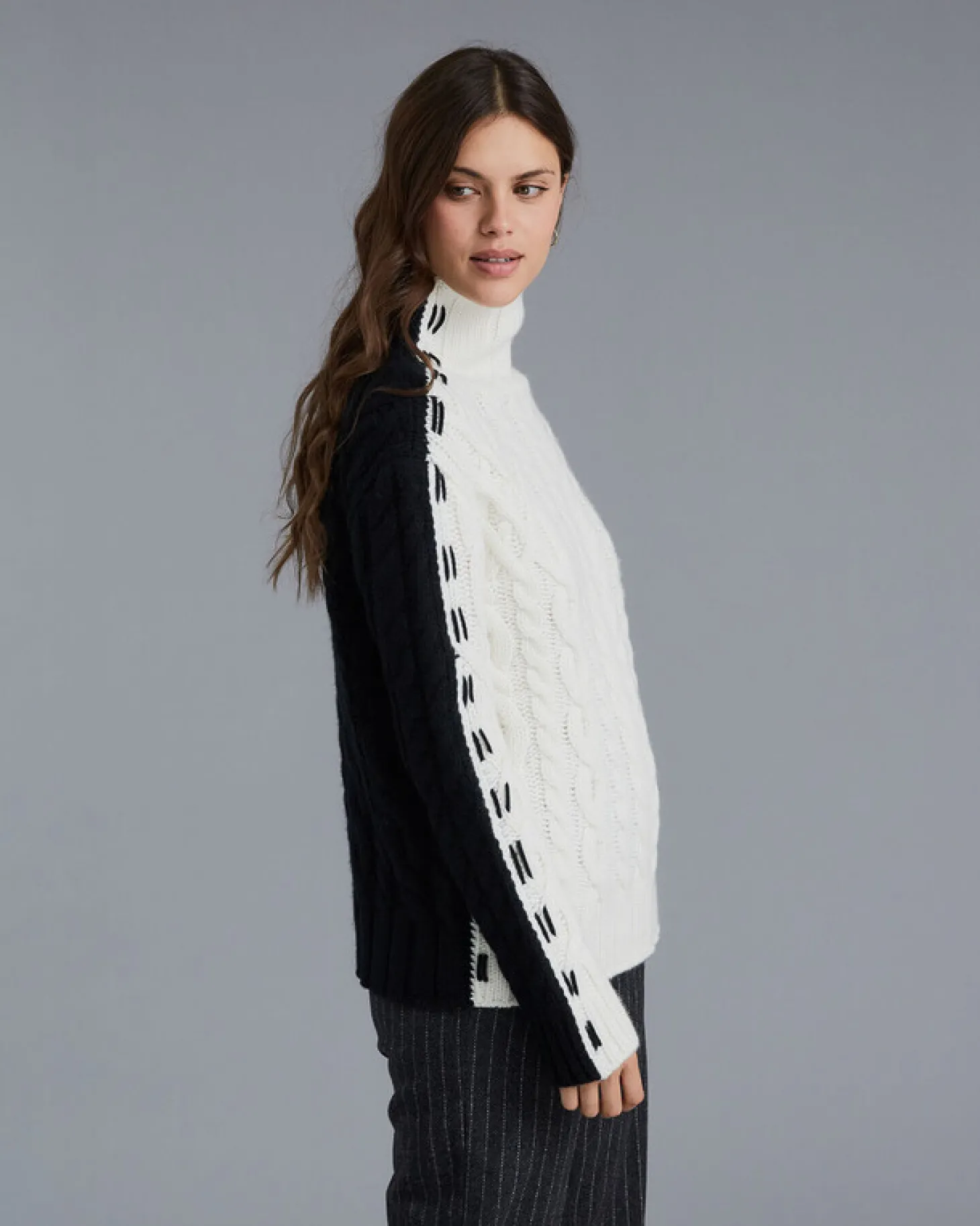 Pull Col Cheminee Femme Torsade Bicolore