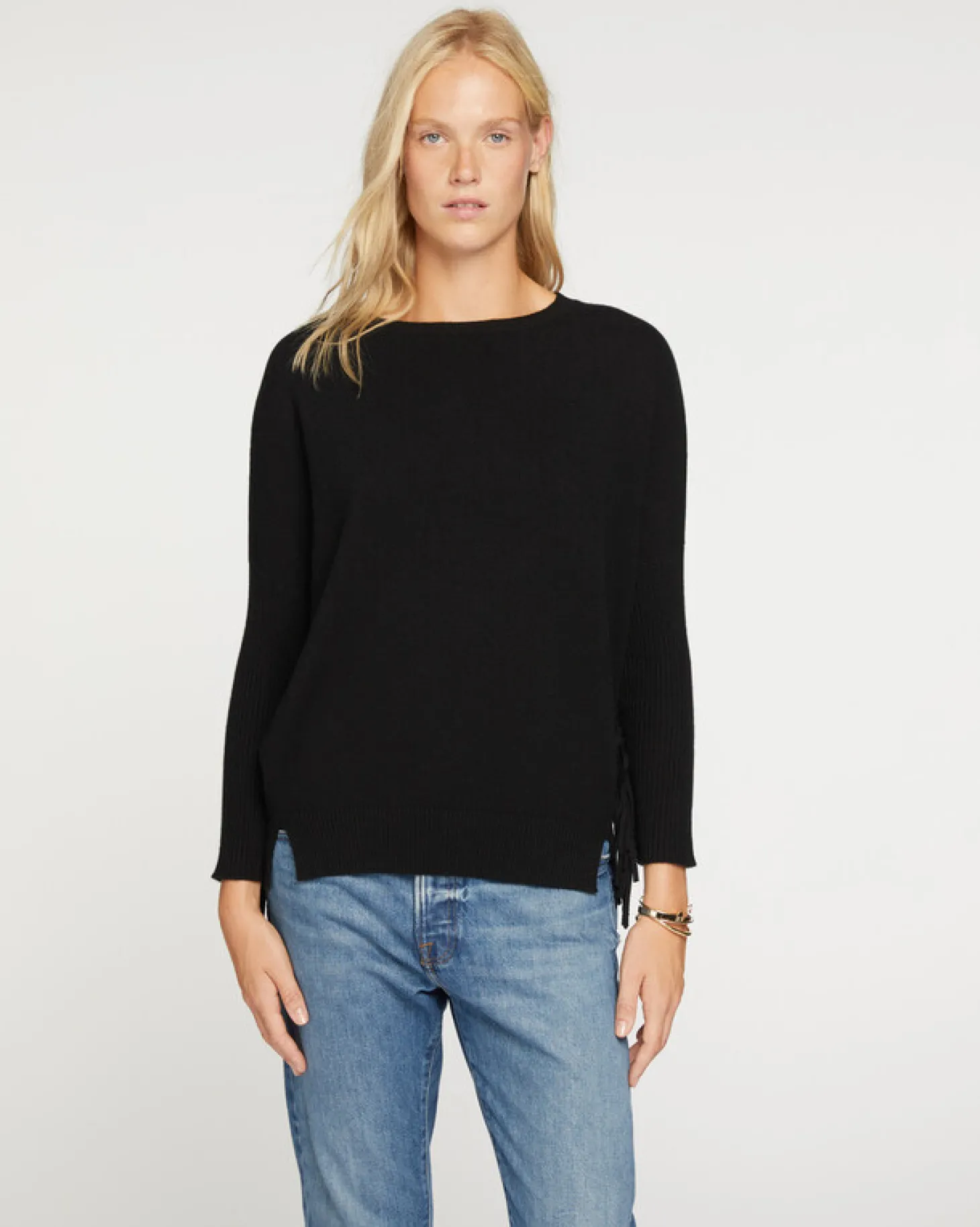 Pull Col Rond Cachemire Femme Avec Franges, 2 Fils
