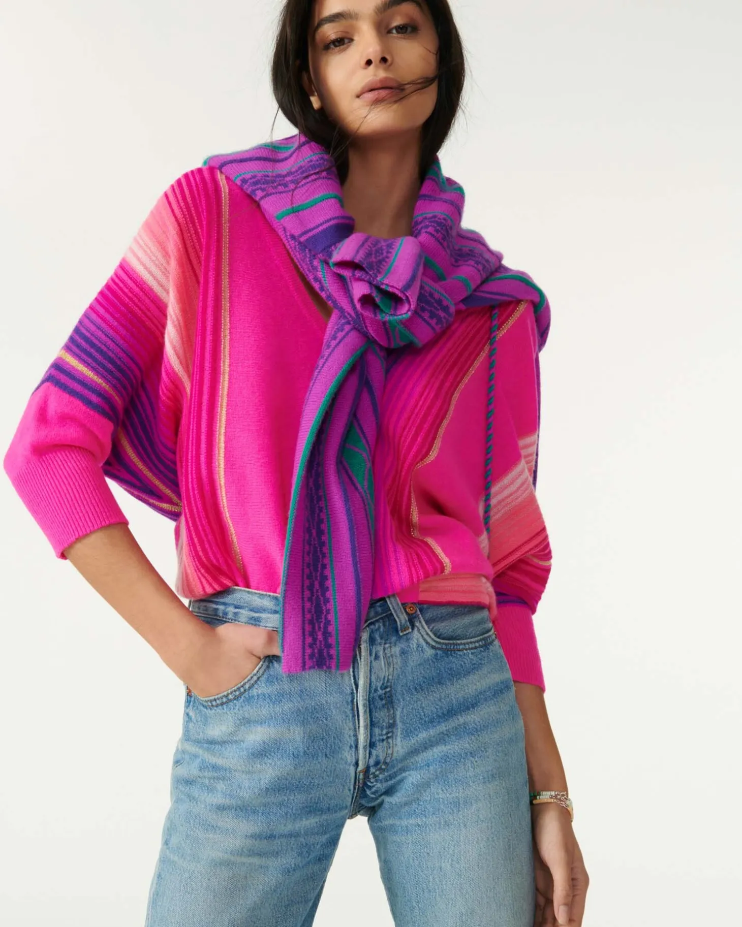 Pull Col V Oversize Manche 3/4 Cachemire