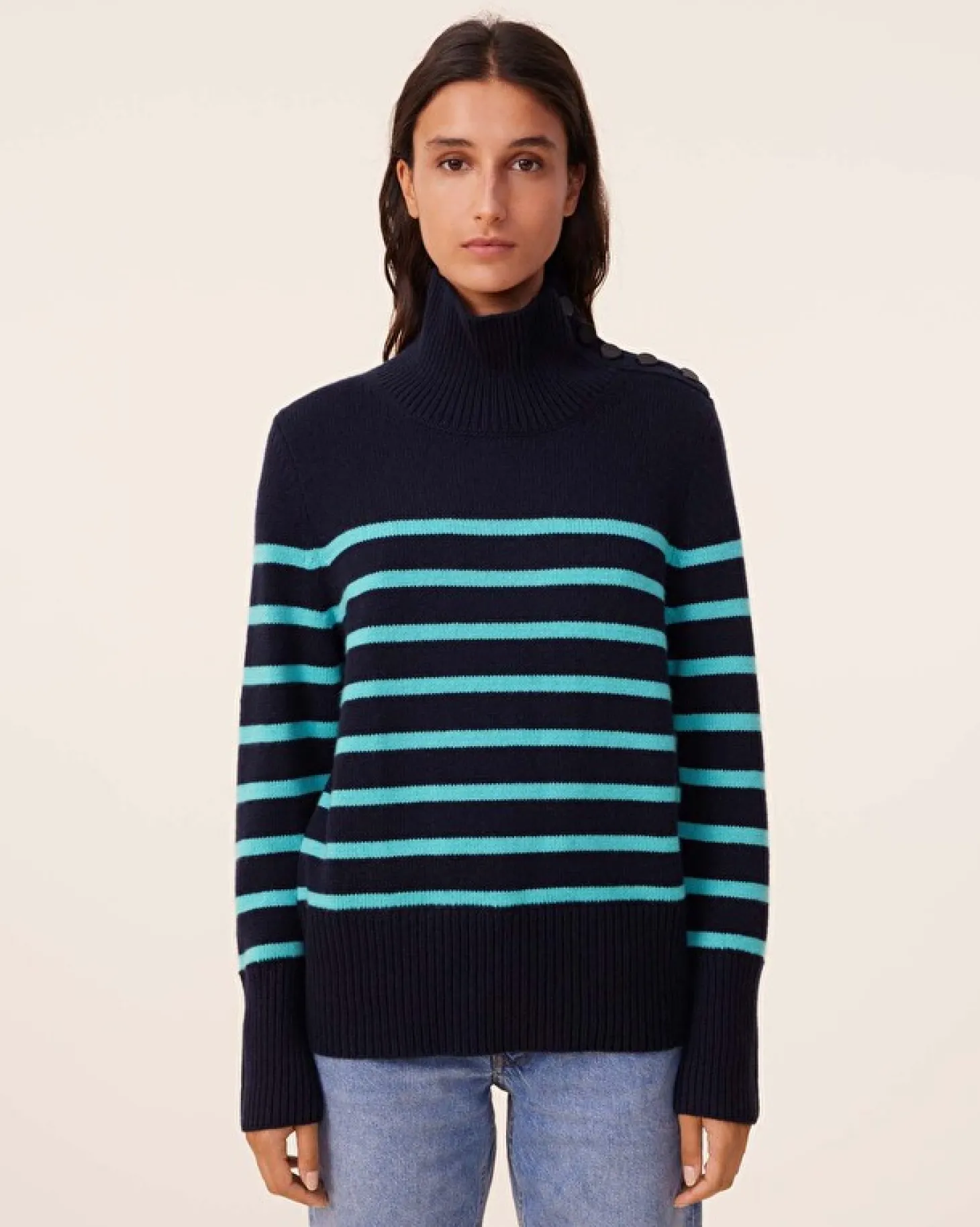 Pull Mariniere Cachemire Col Cheminee, 6 Fils