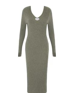 Robe Longue Cachemire Col V Cotelee