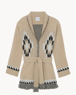 Veste Cachemire Col Chale A Franges, 4 Fils