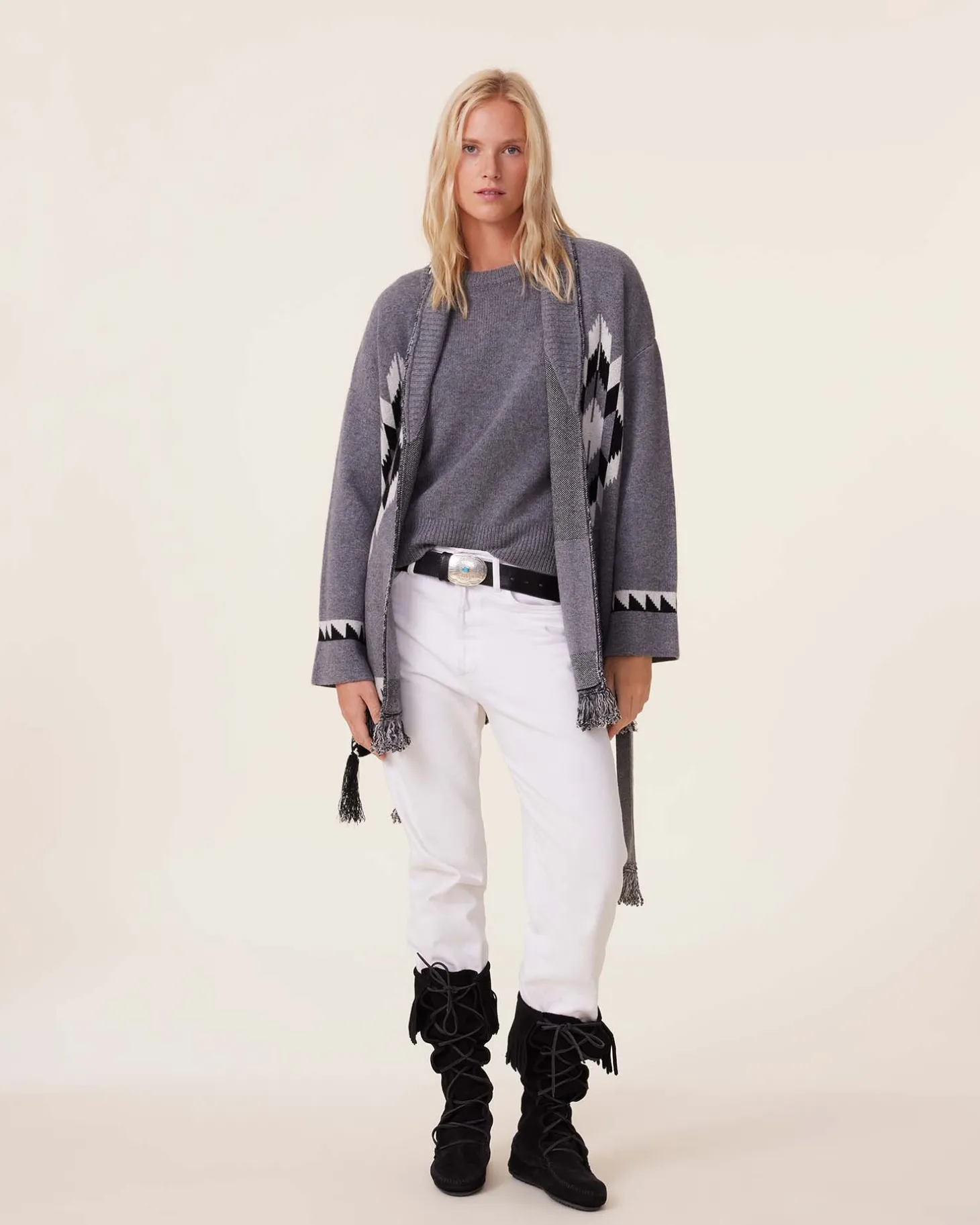 Veste Cachemire Col Chale A Franges, 4 Fils