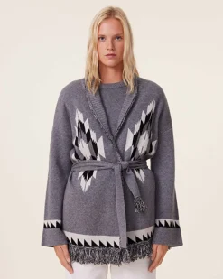 Veste Cachemire Col Chale A Franges, 4 Fils