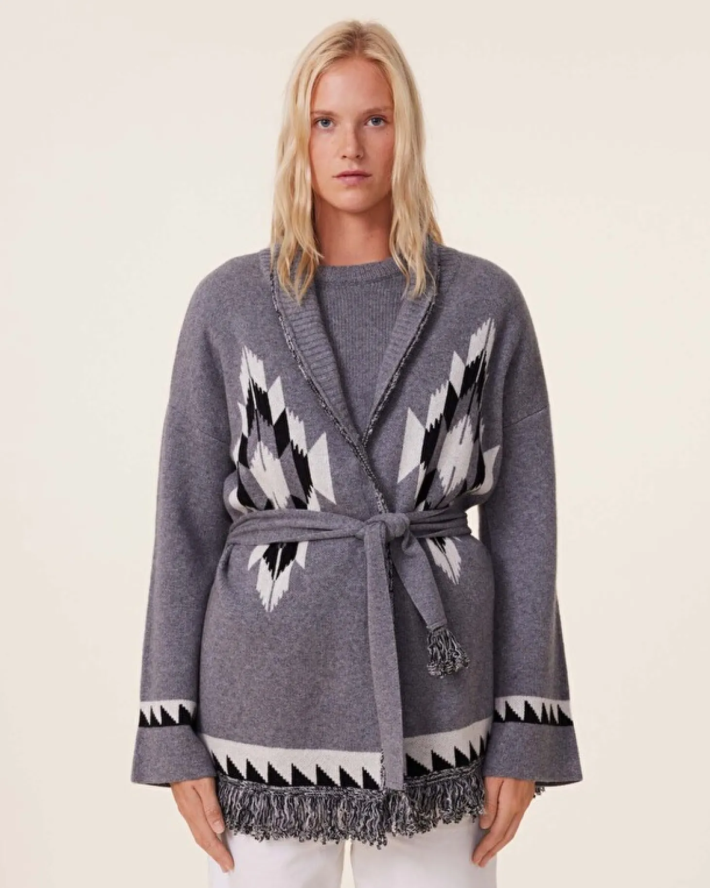 Veste Cachemire Col Chale A Franges, 4 Fils